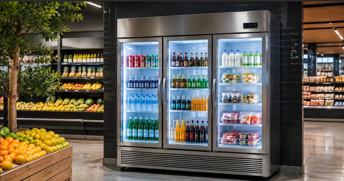 Wangpai three glass door display refrigerator merchandising beverages and dairy in a supermarket